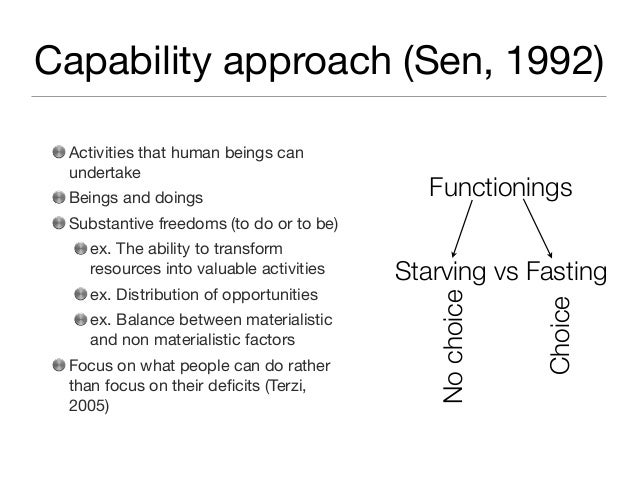 amartya sen capability approach essay Amartya sen's capability approach and its application in the hdrs 2229 words | 9 pages borders, but fail to account for other less easily quantifiable factors that might also influence development. amartya sen capability approach essay Amartya sen's capability approach and its application in the hdrs 2229 words | 9 pages borders, but fail to account for other less easily quantifiable factors that might also influence development.